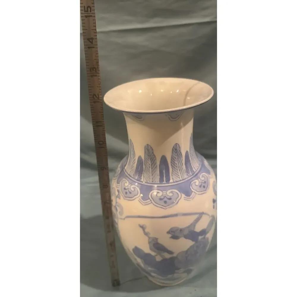 Vintage Blue and White Chinoiserie Porcelain Bird and Floral Baluster Vase